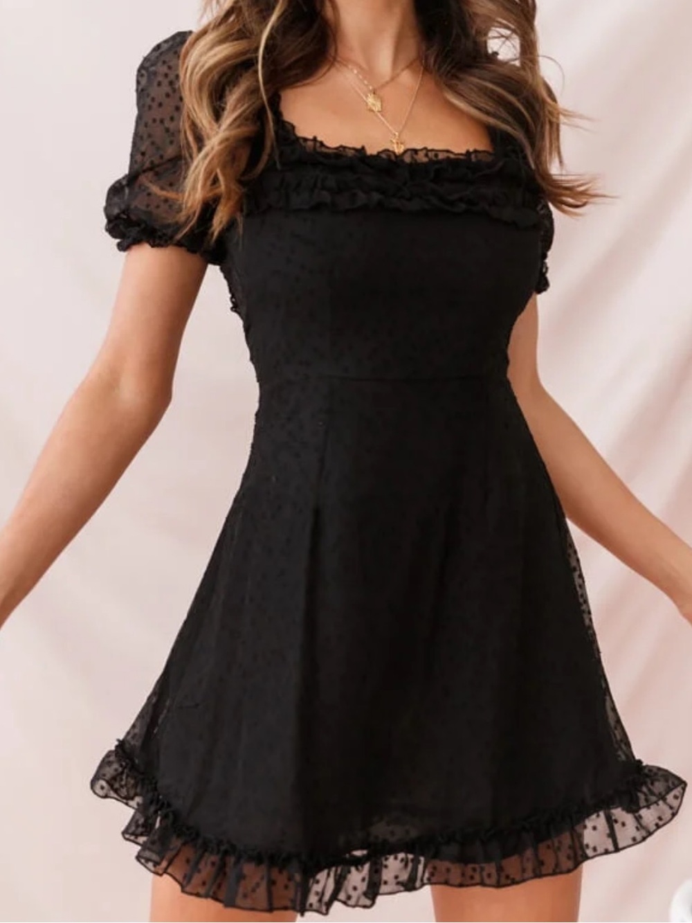 NWT Selfie Leslie Black Swiss Dot Puff Sleeve Mini Dress Size Sz S